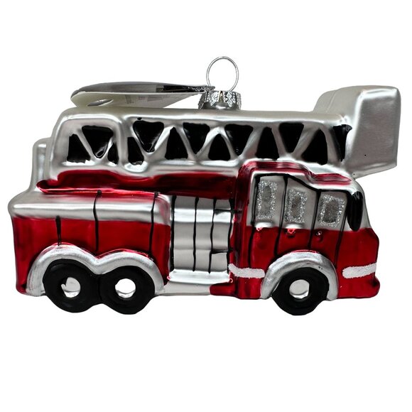 Fire Truck Glass Ornament Christmas Ladder Tender LT Red and Silver NEW w/ TAGS - Picture 5 of 7